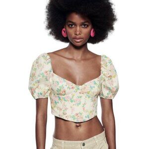 Zara Crop Top Women’s Size Large Floral Puffy Sleeve‎ Smocked Back Corset Point